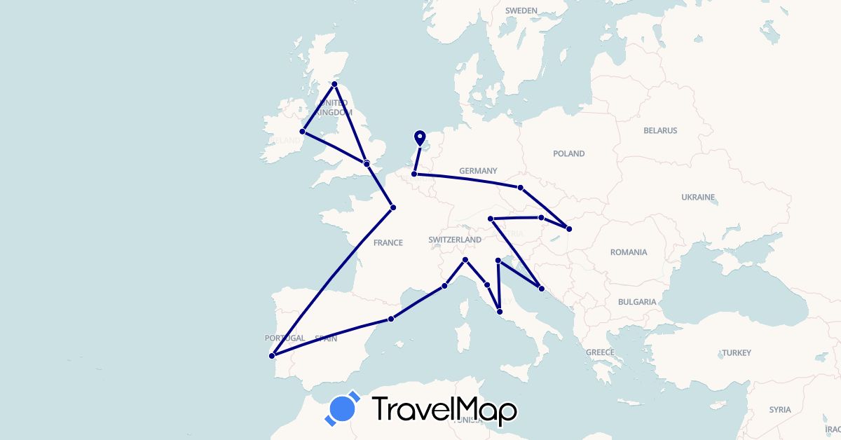 TravelMap itinerary: driving in Austria, Belgium, Czech Republic, Germany, Spain, France, United Kingdom, Croatia, Hungary, Ireland, Italy, Netherlands, Portugal (Europe)