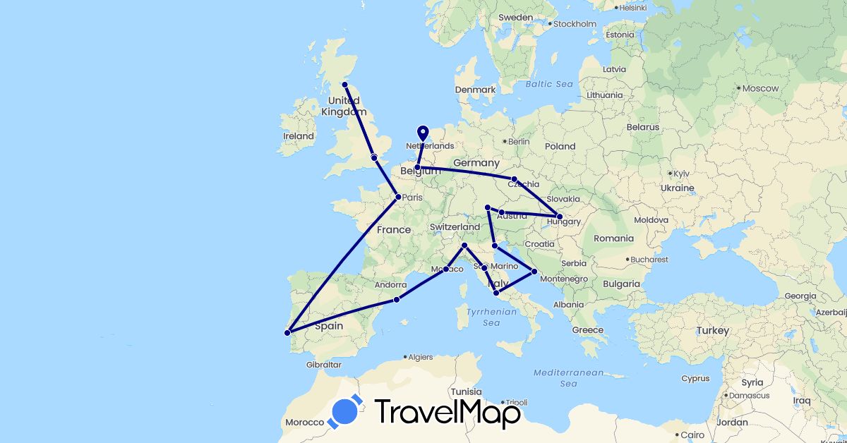 TravelMap itinerary: driving in Austria, Belgium, Czech Republic, Germany, Spain, France, United Kingdom, Croatia, Hungary, Italy, Netherlands, Portugal (Europe)